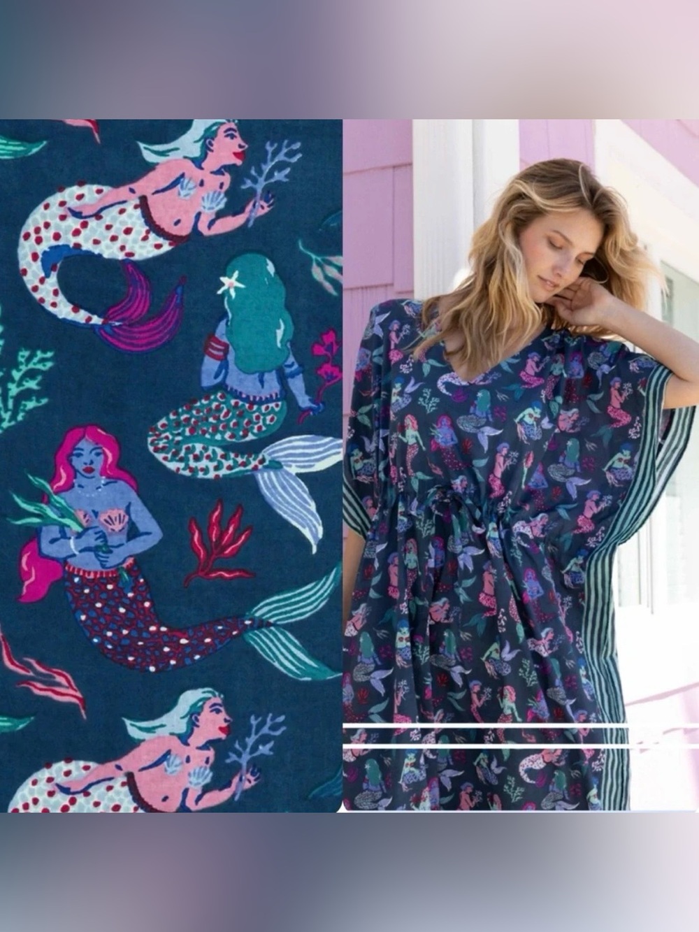 Print Fresh Mythical Mermaids Let’s Cruise Caftan Coastal Beach Organic Cotton - Picture 13 of 16